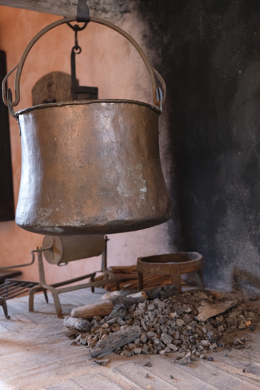 cook, cooking zone, chimney, oven, boiler, copper, copper kettle, pot, old, antique, historical, fireplace, coal, water boiler
