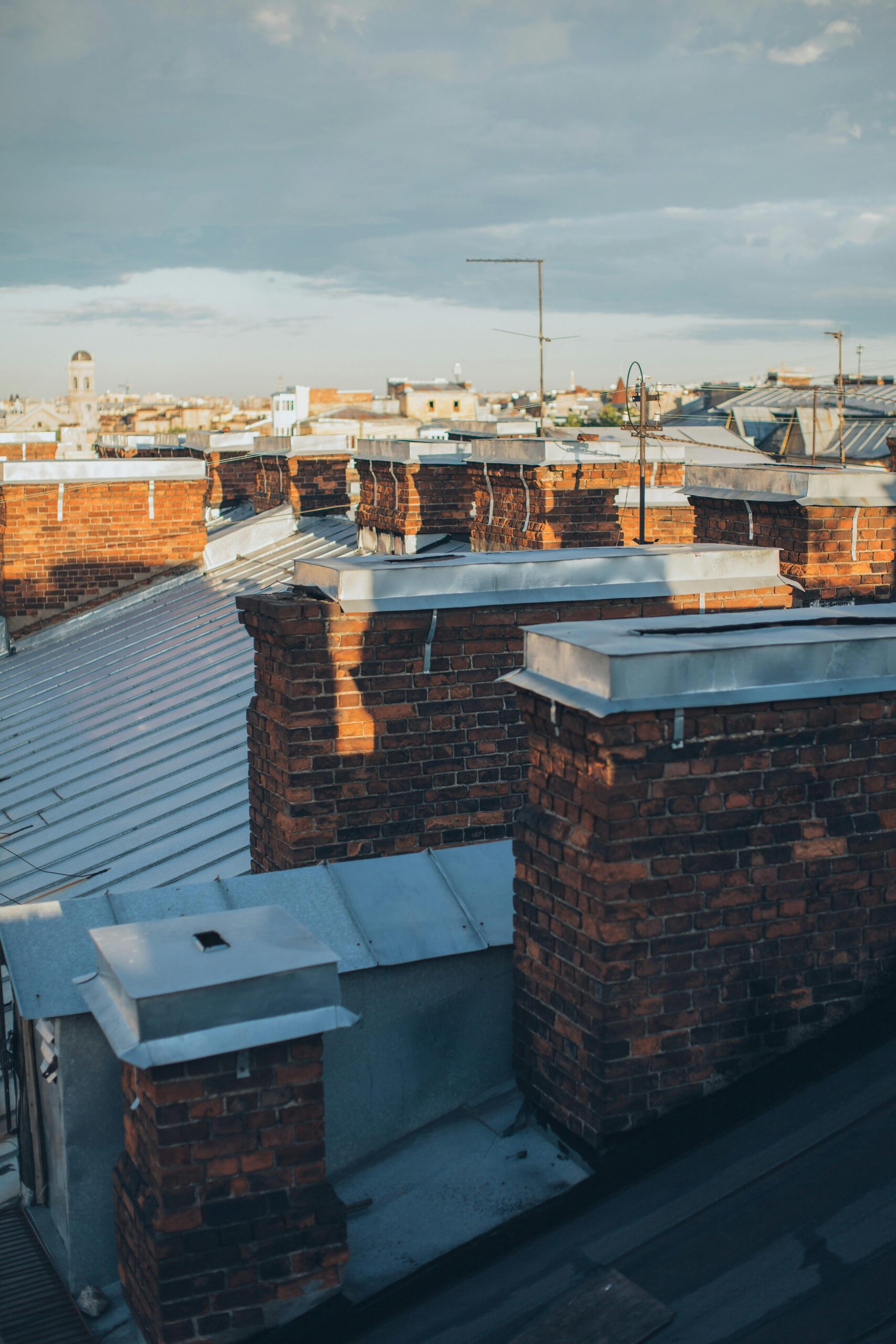 Captivating skyline view over classic rooftops and chimneys in Saint Petersburg, Russia.